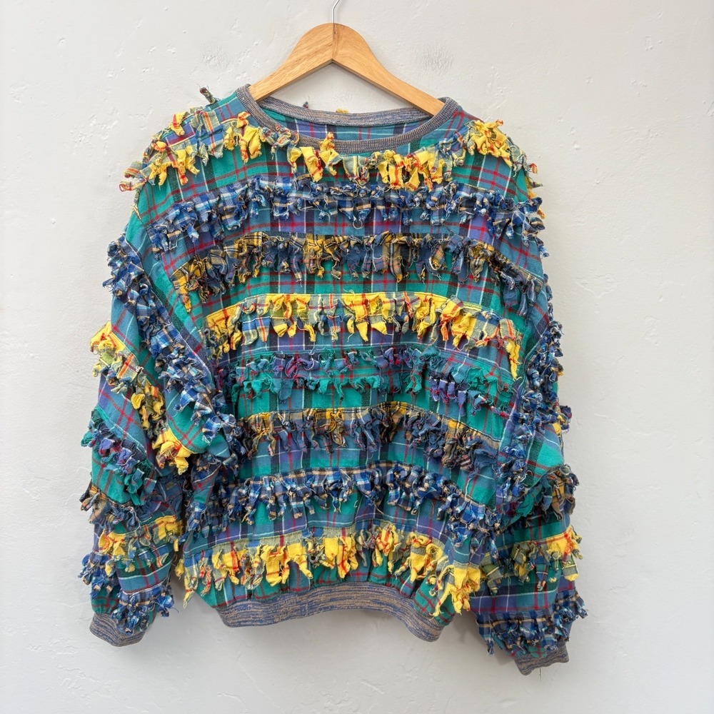 Paula Sweet Muslin Mink Sweatshirt Small Flannel Green Yellow Fringe 90s Boho